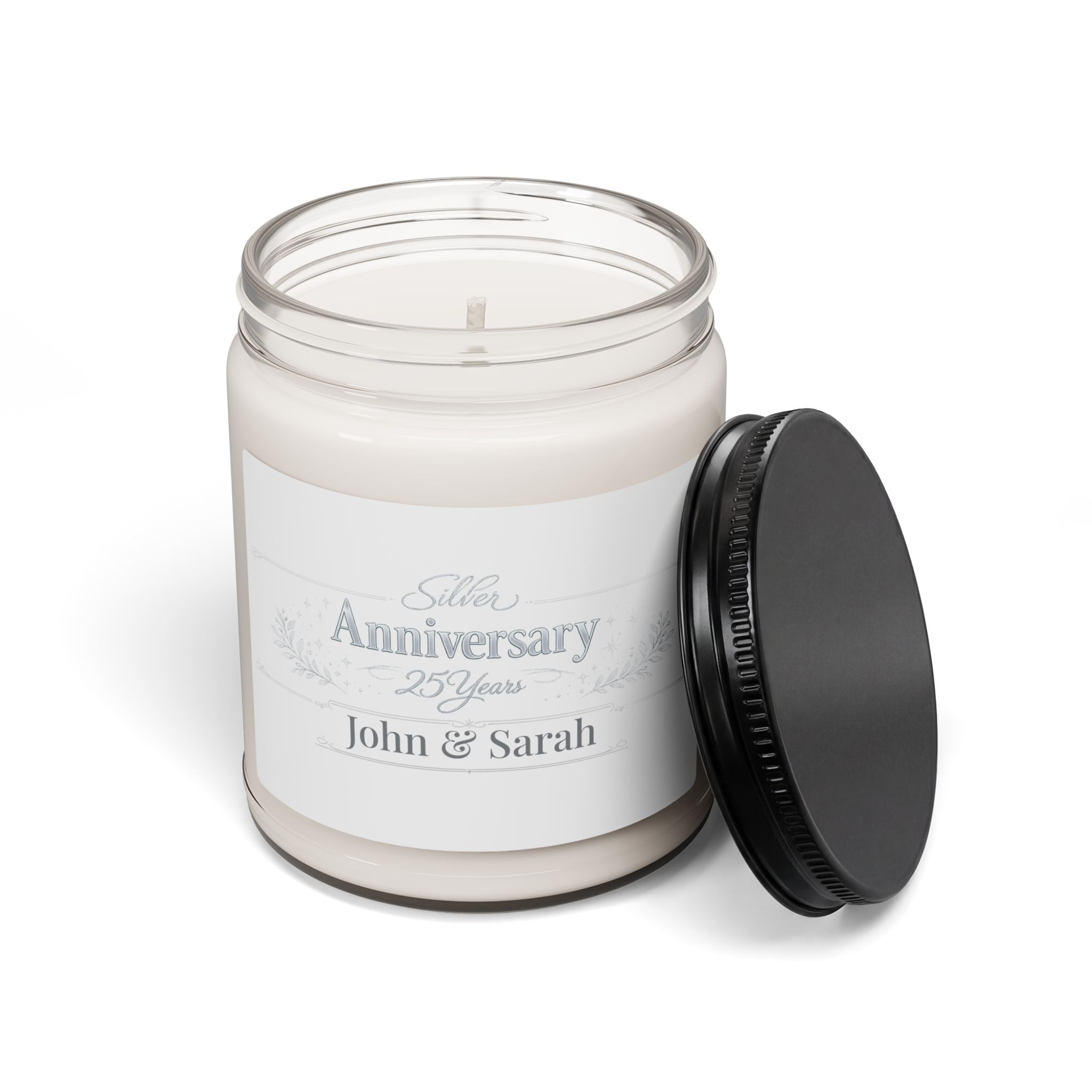 Close-up of the Silver Anniversary candle label showing the custom names detail