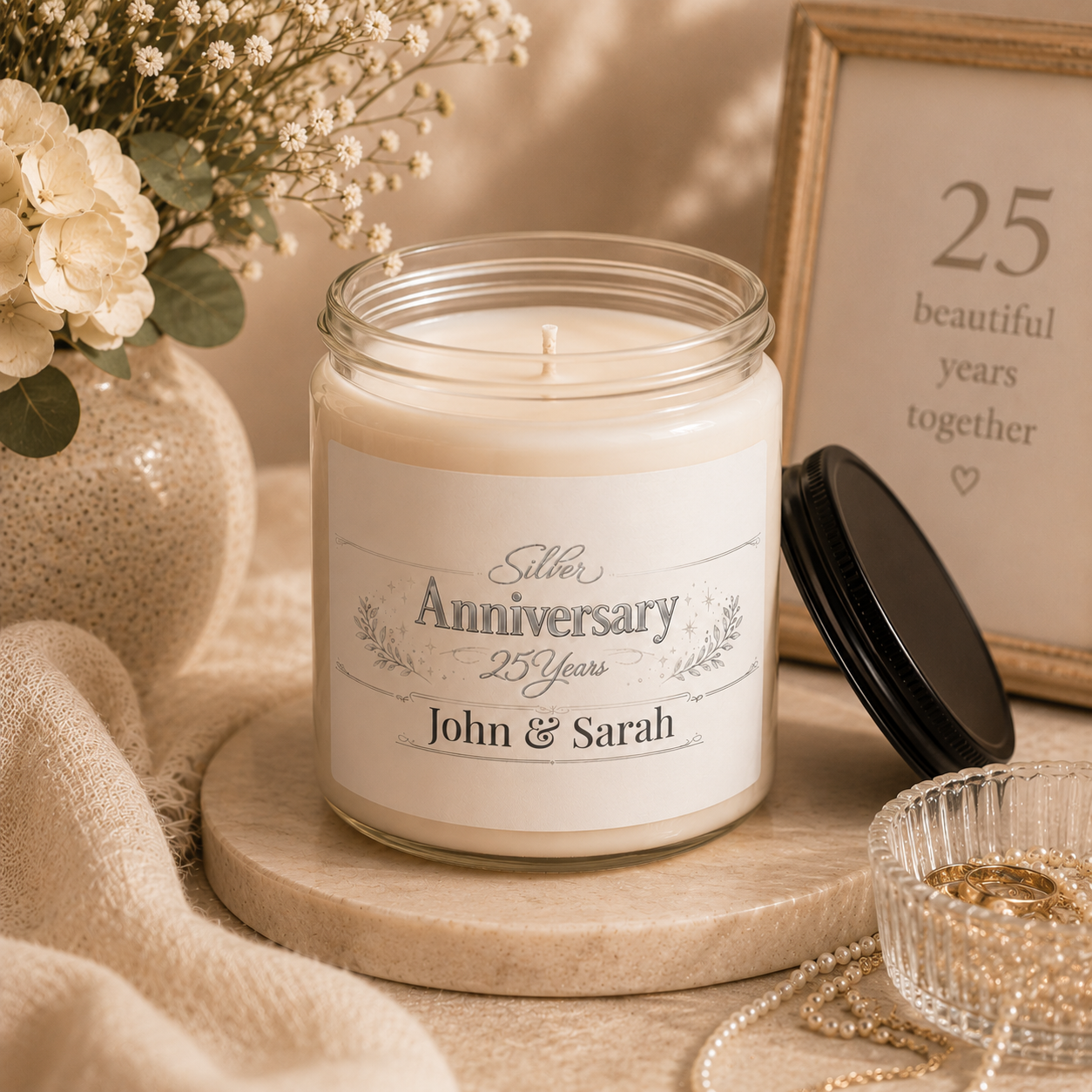 Personalized 25th anniversary candle shown on a table as part of home decor