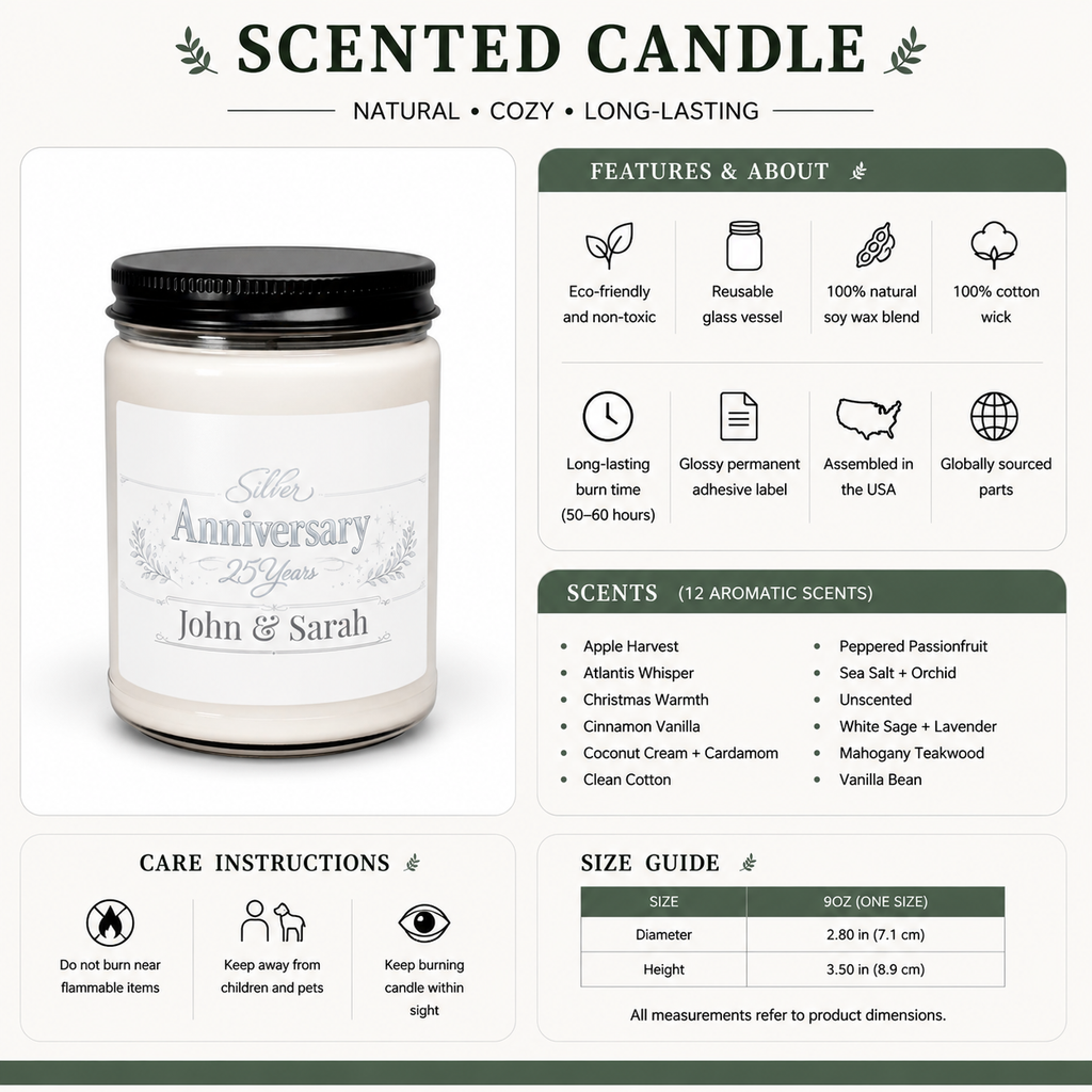 Personalized anniversary candle lit, showing the soft glow of the flame