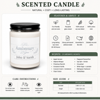 Personalized anniversary candle lit, showing the soft glow of the flame