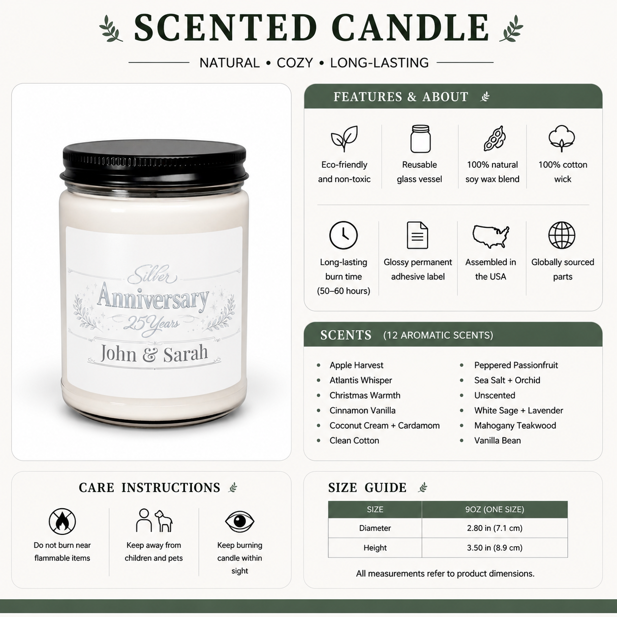 Personalized anniversary candle lit, showing the soft glow of the flame