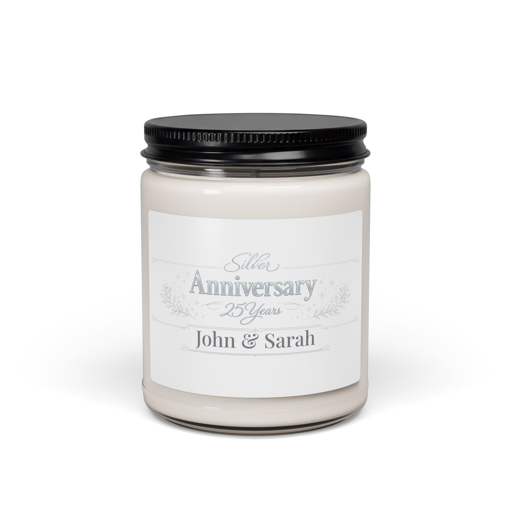 Personalized Silver Anniversary 25 Years soy candle with the names John and Sarah