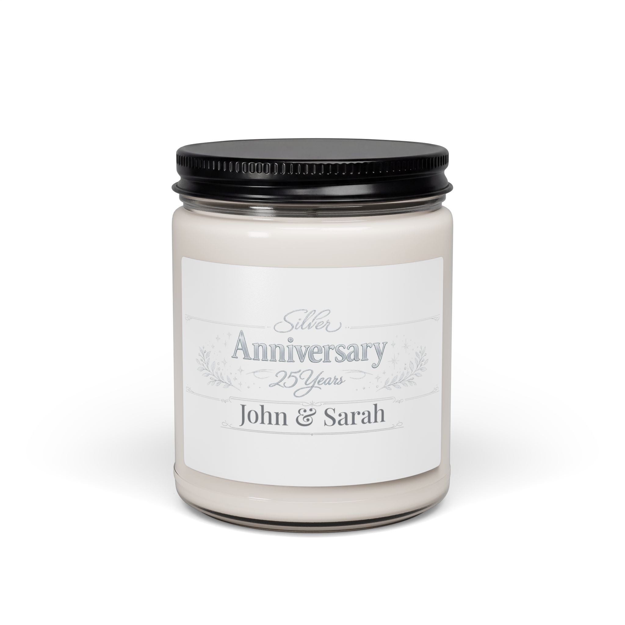 Personalized Silver Anniversary 25 Years soy candle with the names John and Sarah