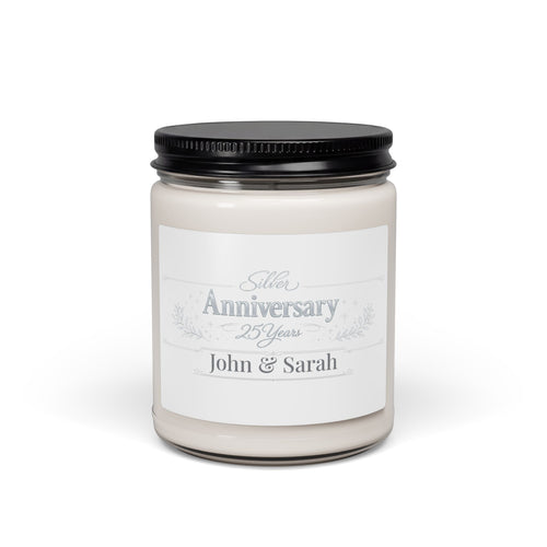 Personalized Silver Anniversary 25 Years soy candle with the names John and Sarah