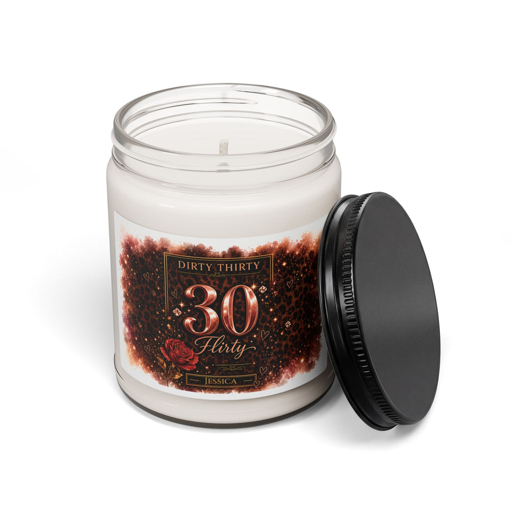 Close-up of the Dirty Thirty candle label showing the custom name detail