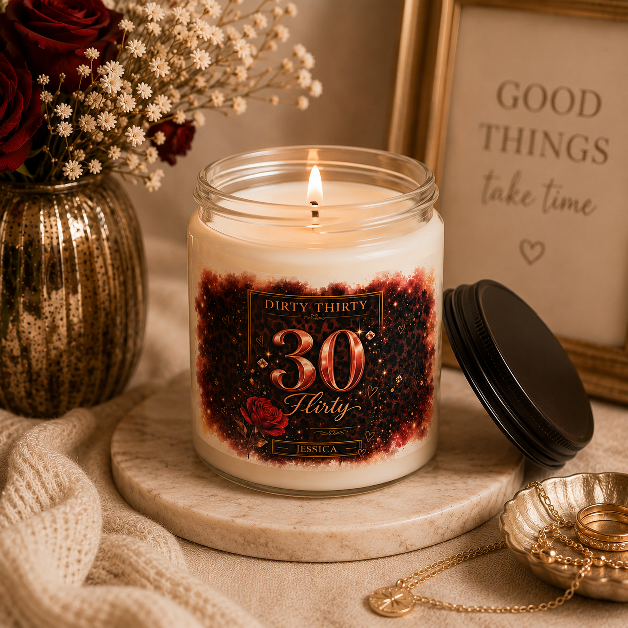 Personalized 30th birthday candle shown on a table as part of home decor