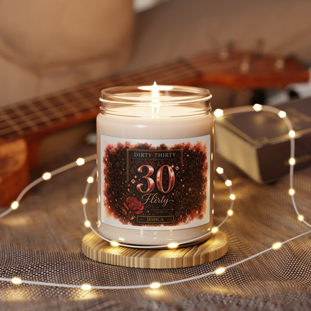 Personalized birthday candle displayed in a cozy living room setting