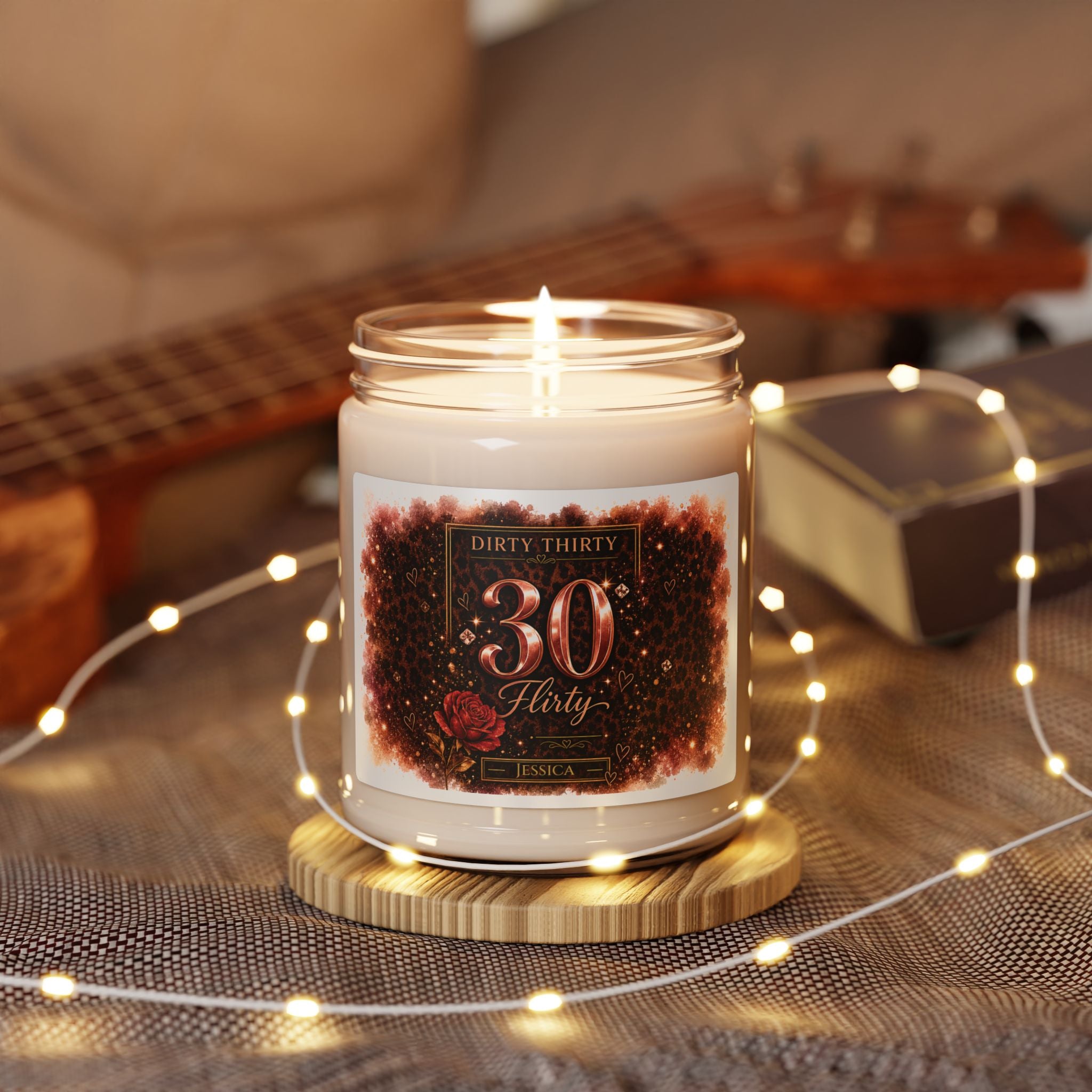Personalized birthday candle displayed in a cozy living room setting