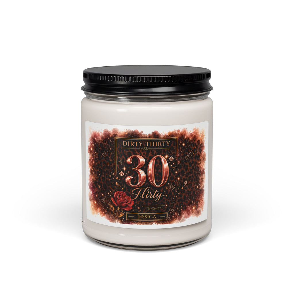 Personalized Dirty Thirty 30th birthday soy candle with leopard print and the name Jessica