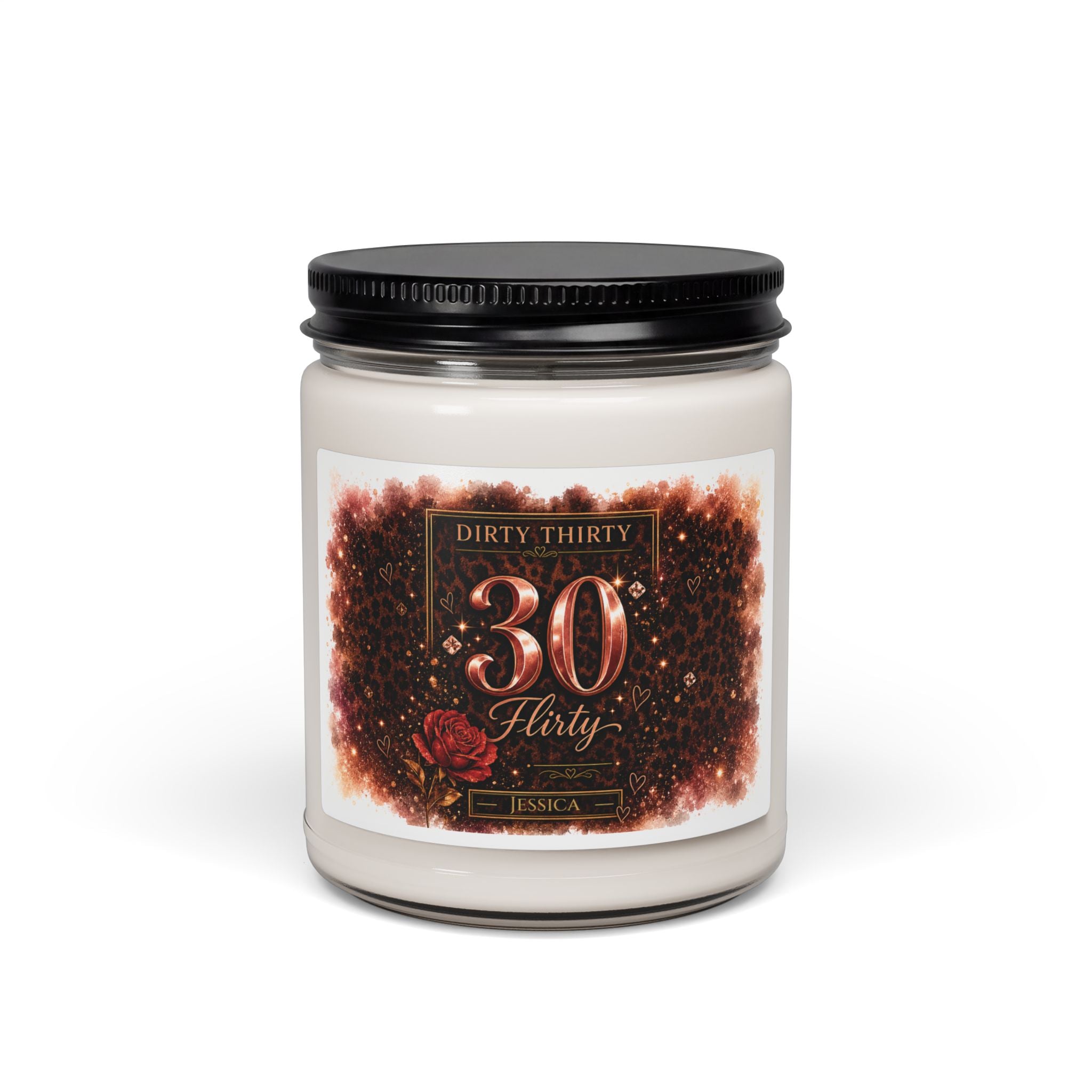 Personalized Dirty Thirty 30th birthday soy candle with leopard print and the name Jessica