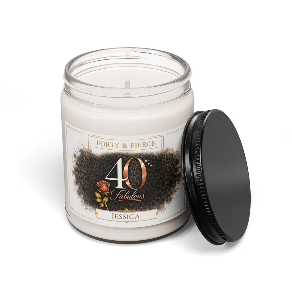 Close-up of the Forty and Fierce candle label showing the custom name detail