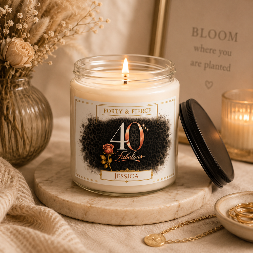 Personalized 40th birthday candle shown on a table as part of home decor