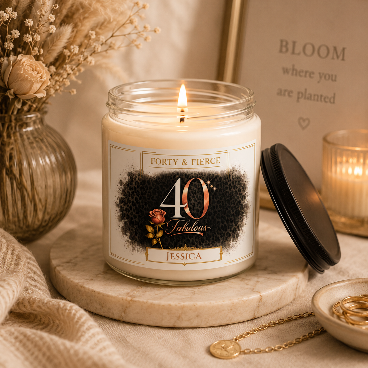 Personalized 40th birthday candle shown on a table as part of home decor