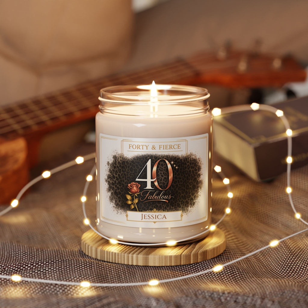 Personalized birthday candle displayed in a cozy living room setting