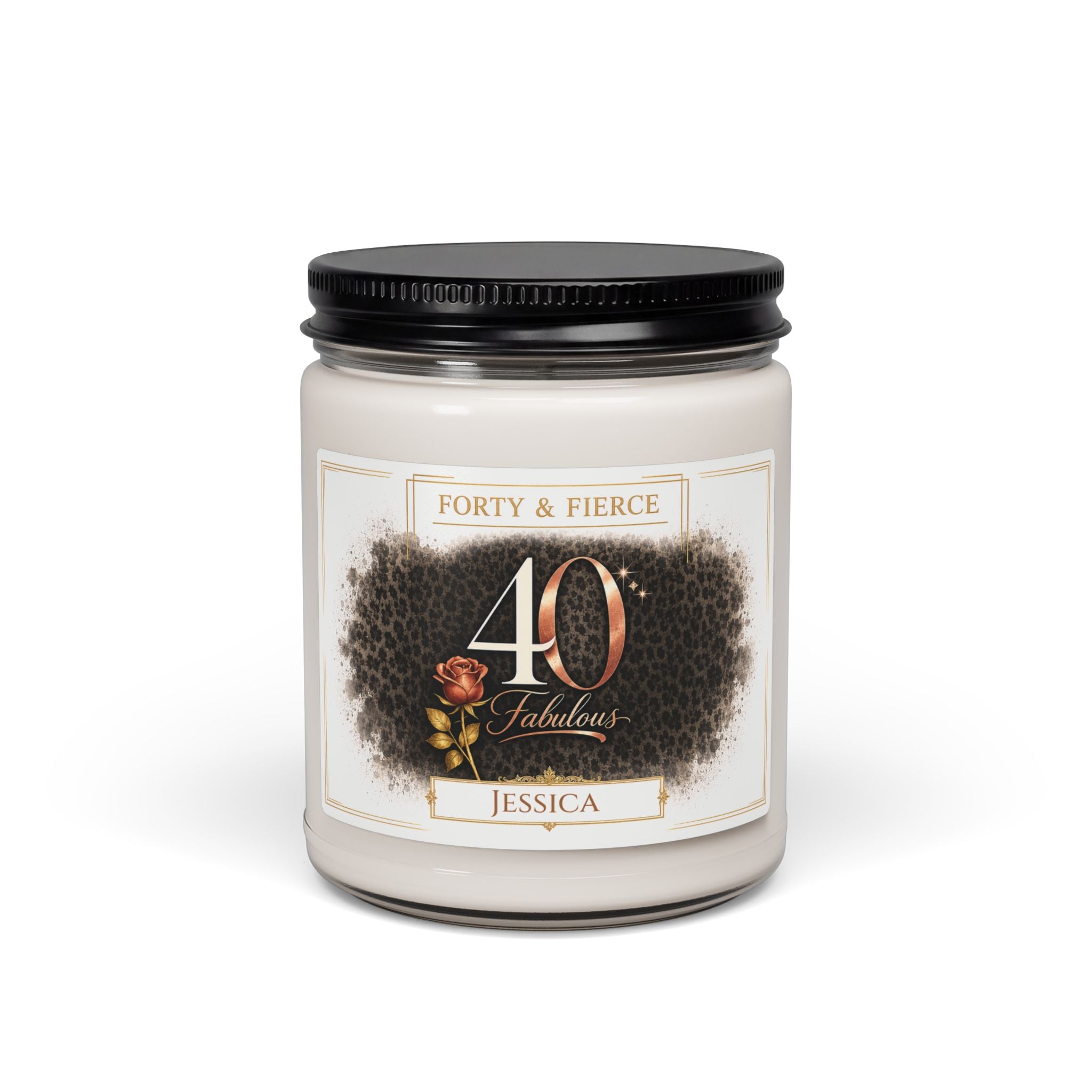 Personalized Forty and Fierce 40th birthday soy candle with leopard print and the name Jessica