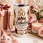 Close-up of custom name personalization on 50 & Fabulous tumbler