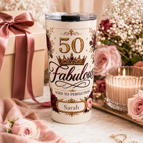 Close-up of custom name personalization on 50 & Fabulous tumbler