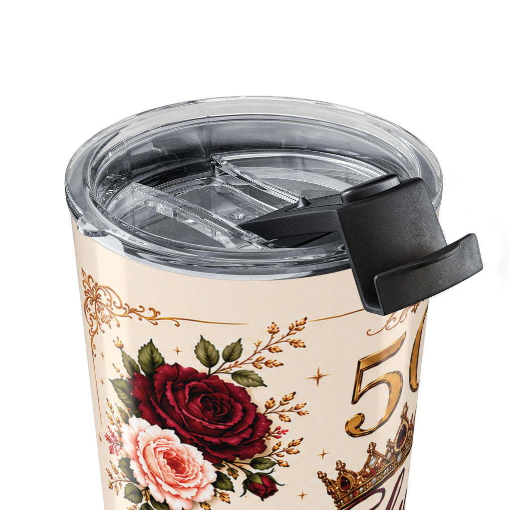 50 & Fabulous tumbler held in hand showing size and grip
