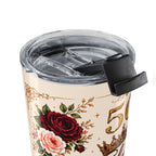 50 & Fabulous tumbler held in hand showing size and grip