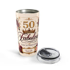 50 & Fabulous tumbler styled on a table with birthday decor