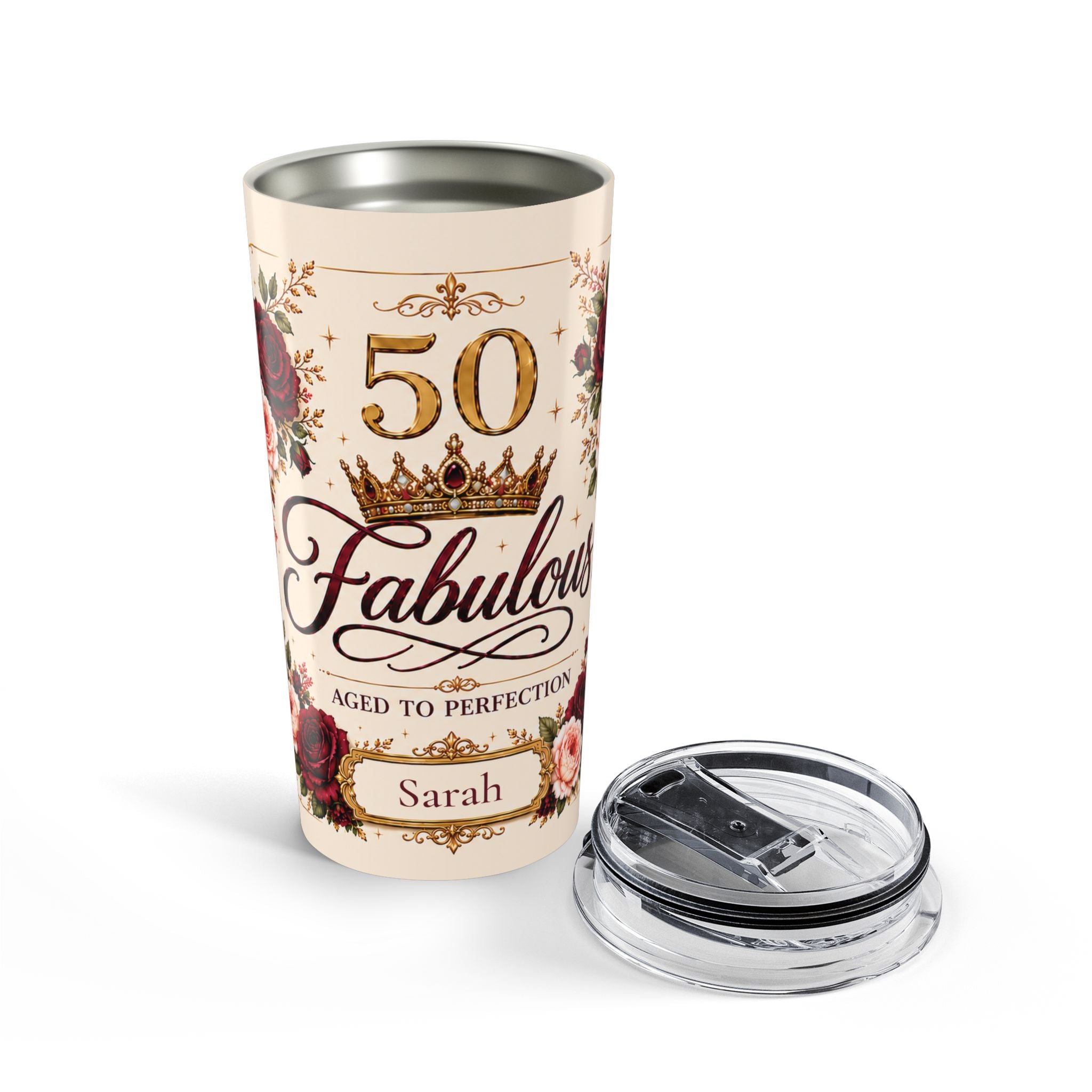 50 & Fabulous tumbler styled on a table with birthday decor