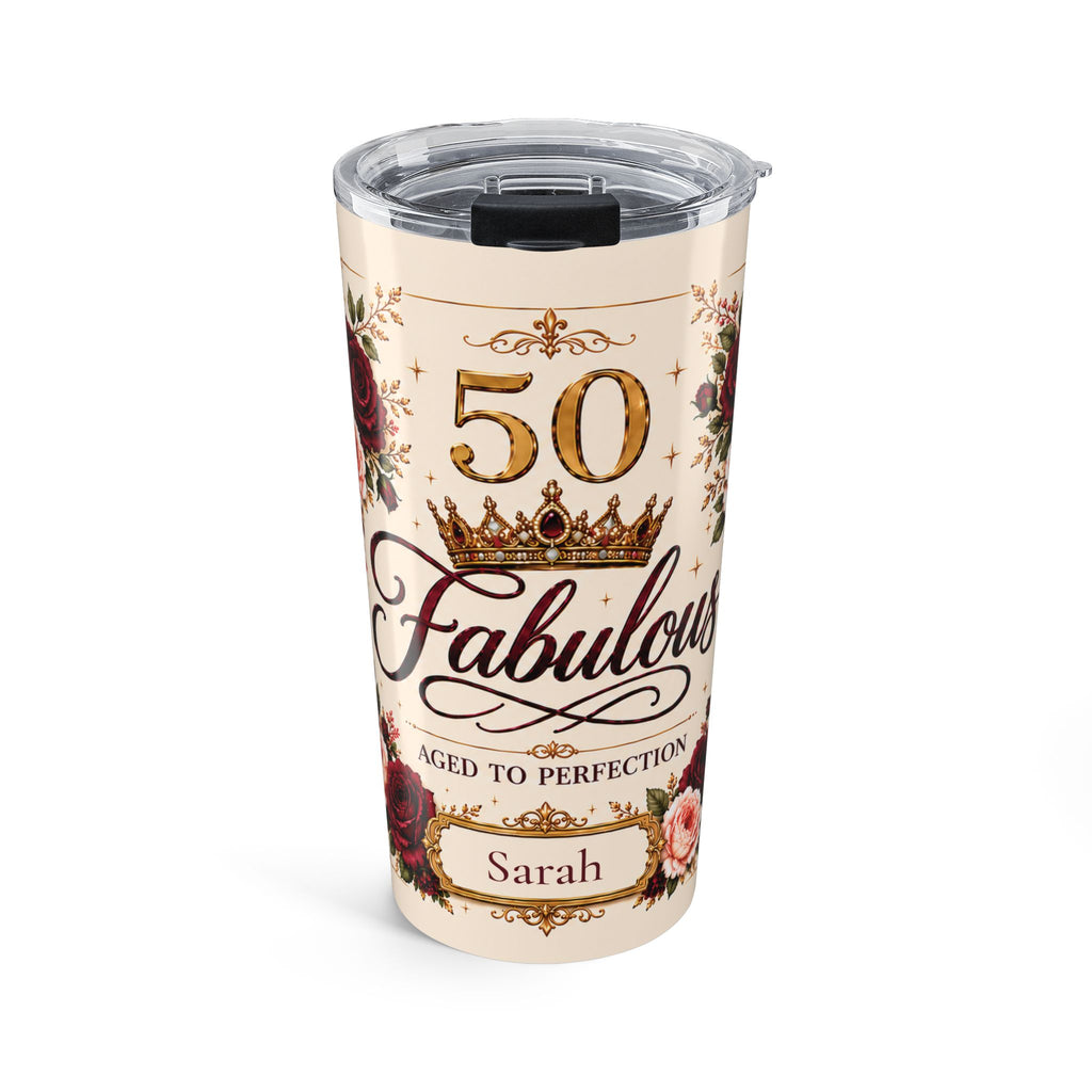 Personalized 50 & Fabulous birthday tumbler with custom name, gold crown, and roses