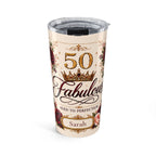 Personalized 50 & Fabulous birthday tumbler with custom name, gold crown, and roses