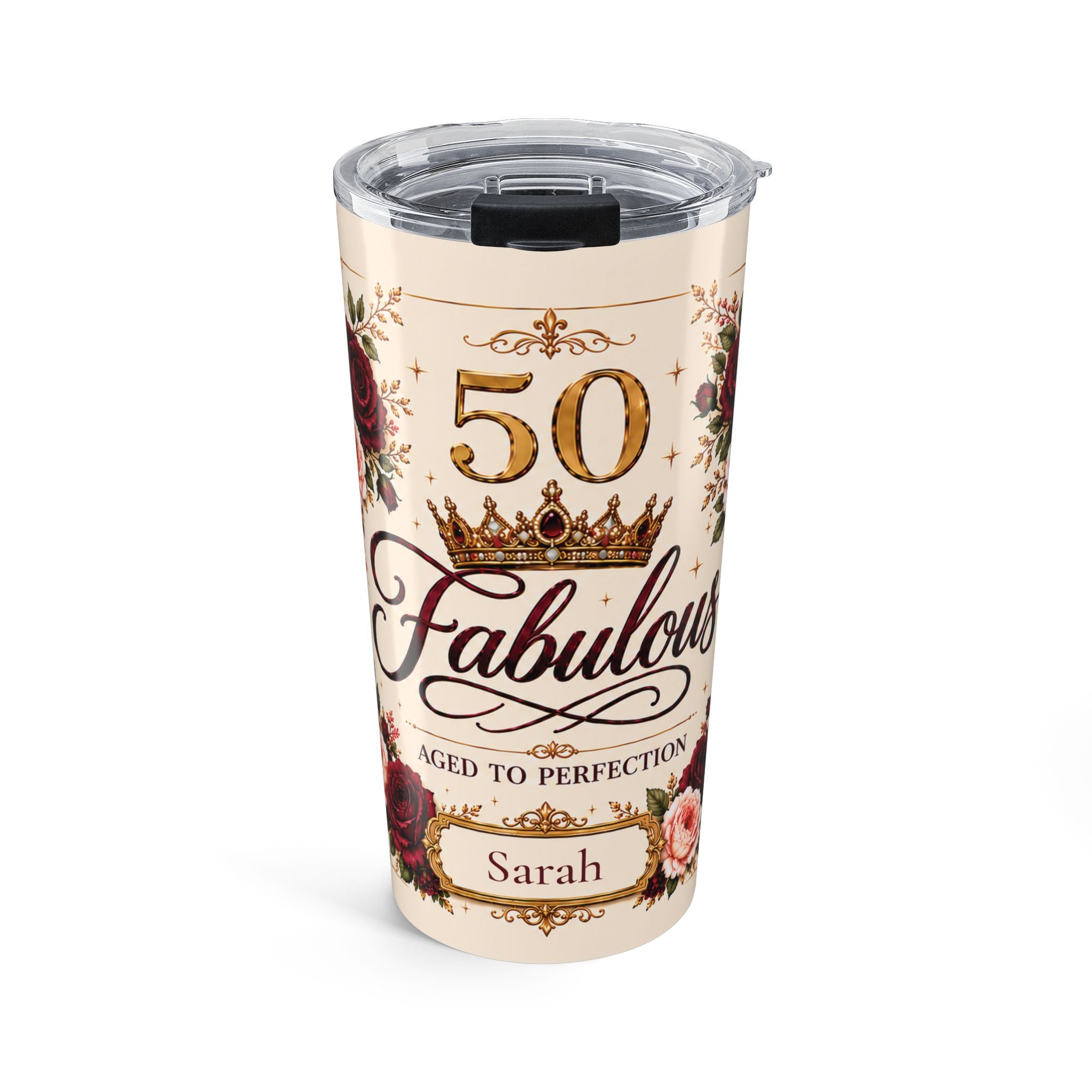 Personalized 50 & Fabulous birthday tumbler with custom name, gold crown, and roses