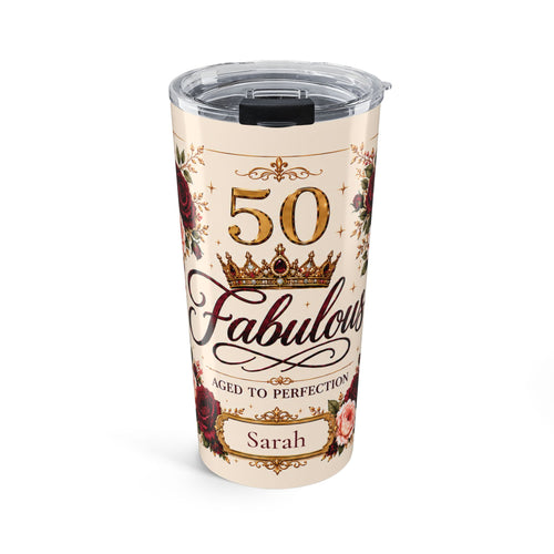 Personalized 50 & Fabulous birthday tumbler with custom name, gold crown, and roses