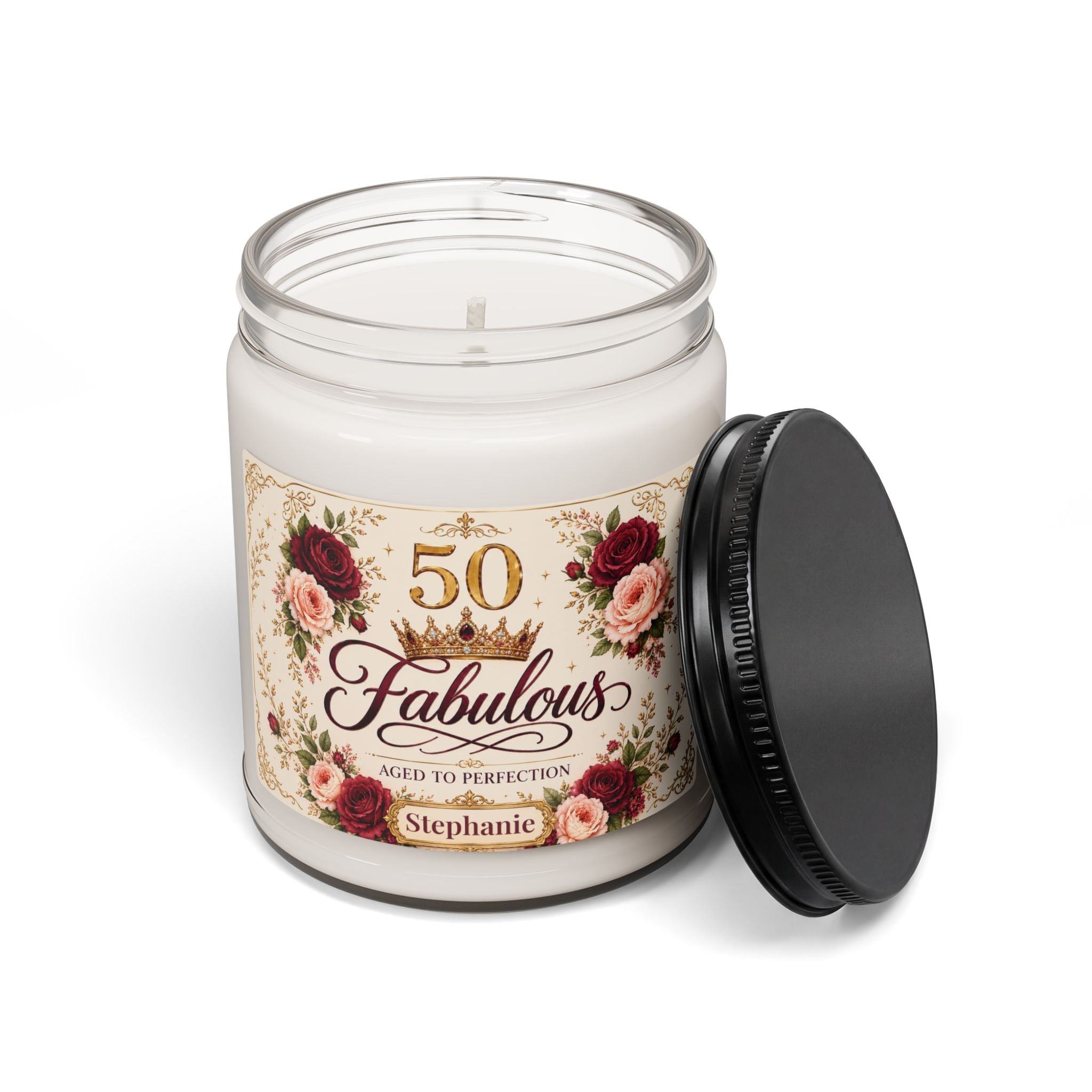 Close-up of the 50 and Fabulous candle label showing the custom name detail