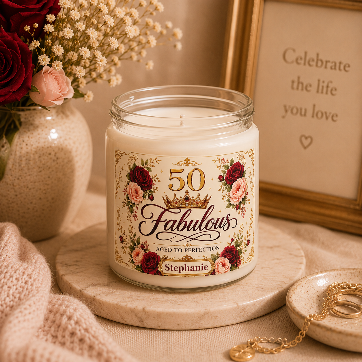 Personalized 50th birthday candle shown on a table as part of home decor