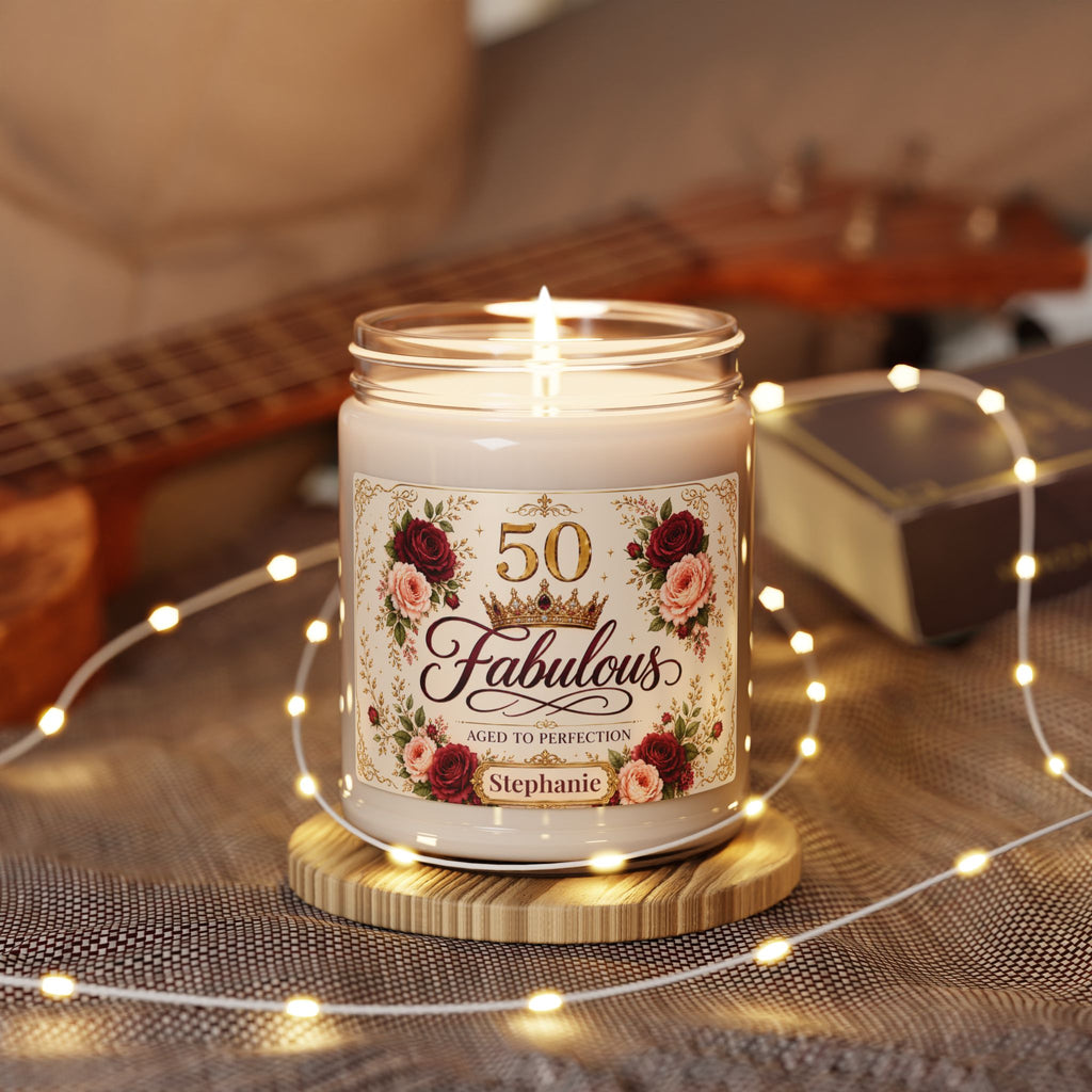 Personalized birthday candle displayed in a cozy living room setting