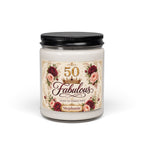 Personalized 50 and Fabulous 50th birthday soy candle with roses and the name Stephanie