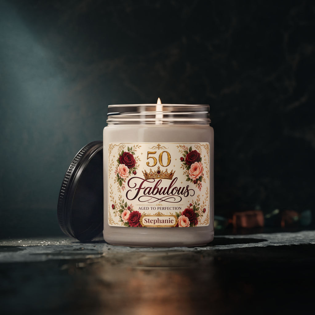 Size reference of the 9 oz 50th birthday candle jar