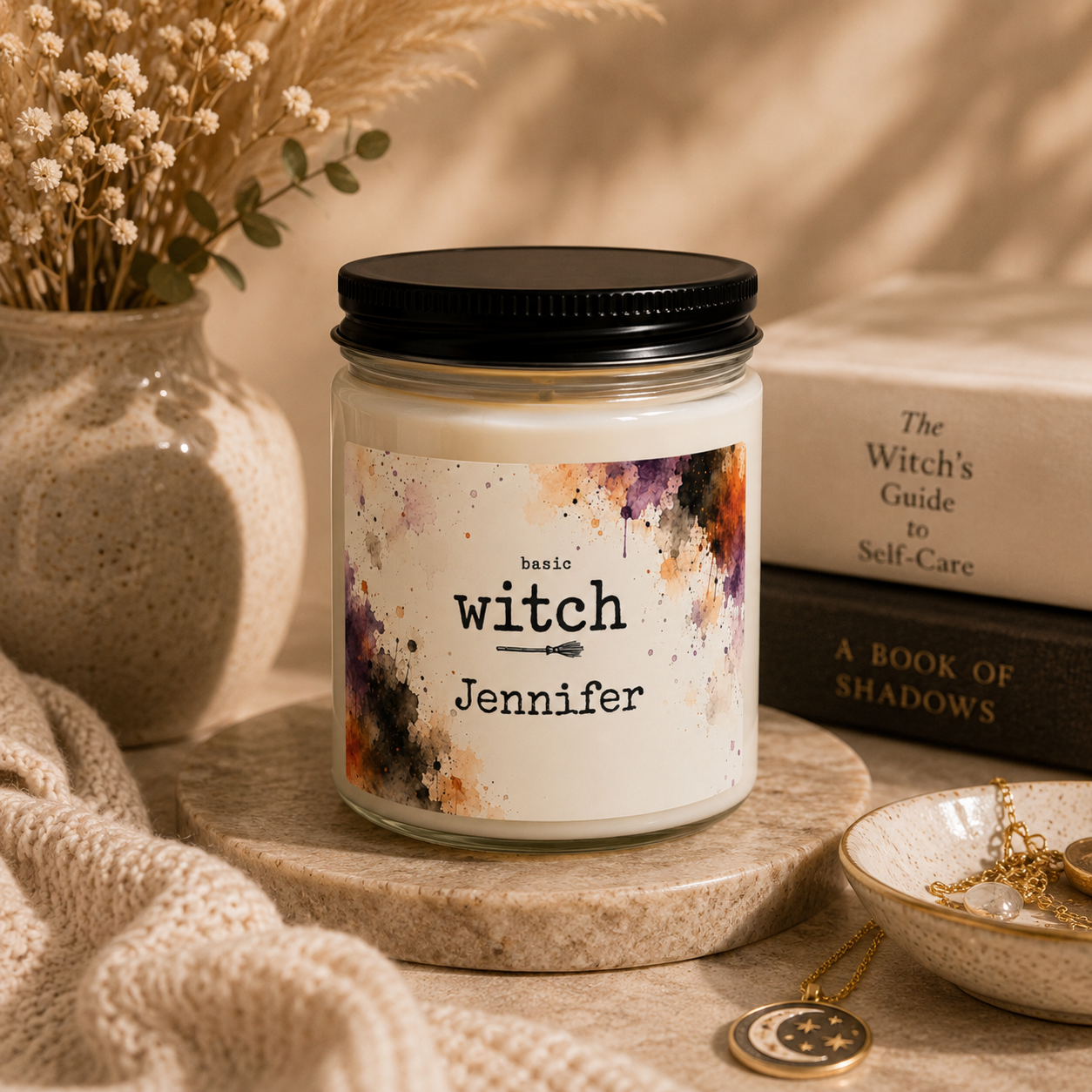 Personalized Halloween witch candle shown on a table as part of home decor