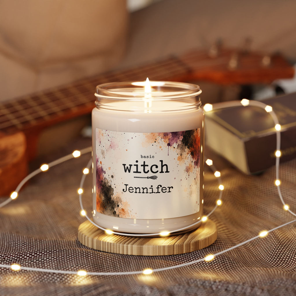 Personalized Halloween candle displayed in a cozy living room setting