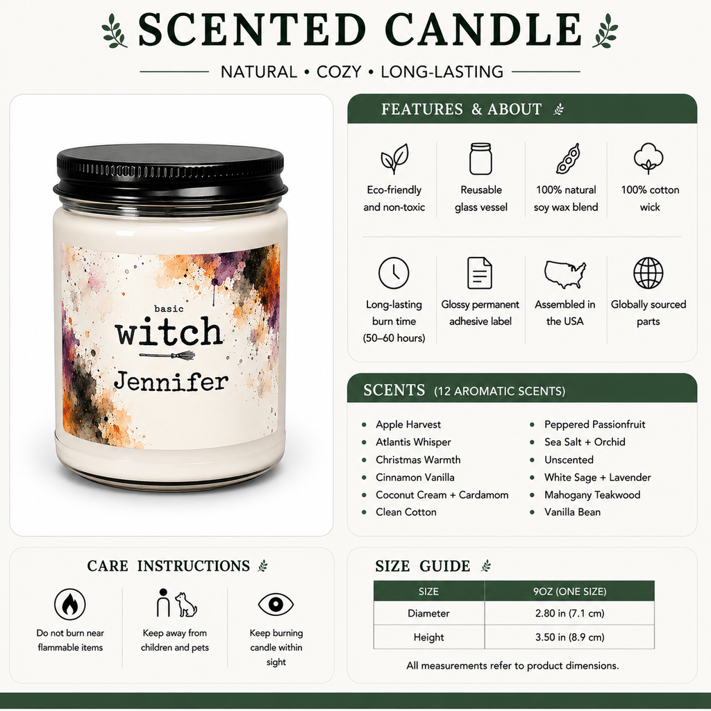 Personalized Halloween witch candle lit, showing the soft glow of the flame