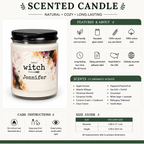 Personalized Halloween witch candle lit, showing the soft glow of the flame