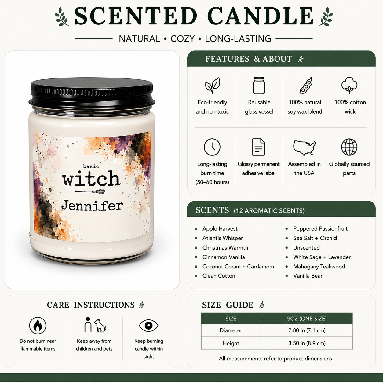Personalized Halloween witch candle lit, showing the soft glow of the flame