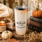 Close-up of custom name personalization on Basic Witch Halloween tumbler