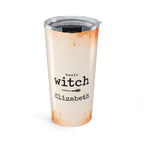 Personalized Basic Witch Halloween tumbler with broom design and custom name in cream and orange watercolor