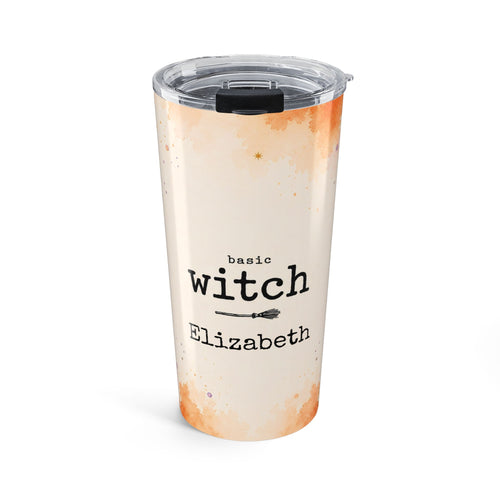 Personalized Basic Witch Halloween tumbler with broom design and custom name in cream and orange watercolor