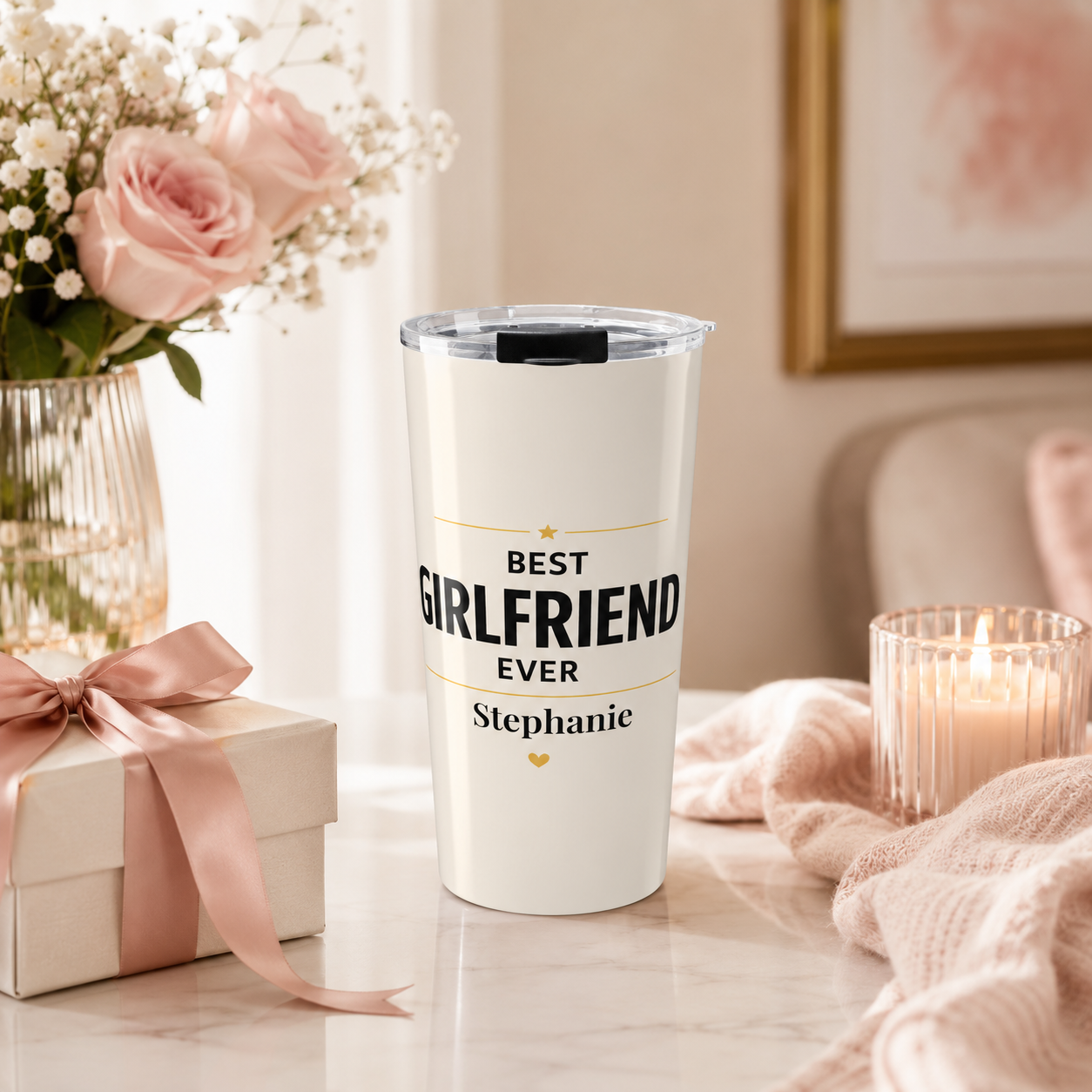 Close-up of custom name personalization on Best Girlfriend Ever tumbler