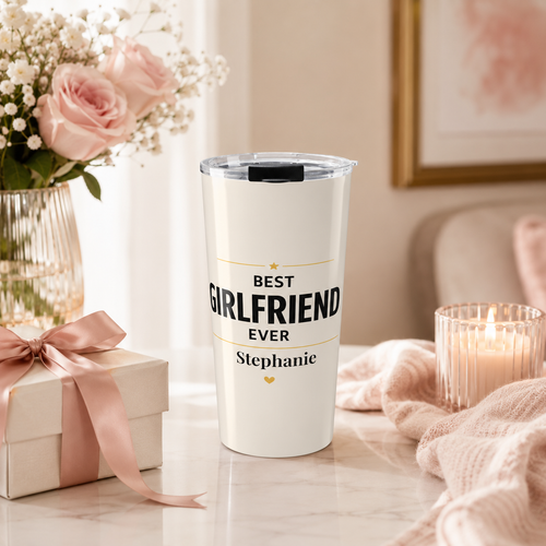 Close-up of custom name personalization on Best Girlfriend Ever tumbler