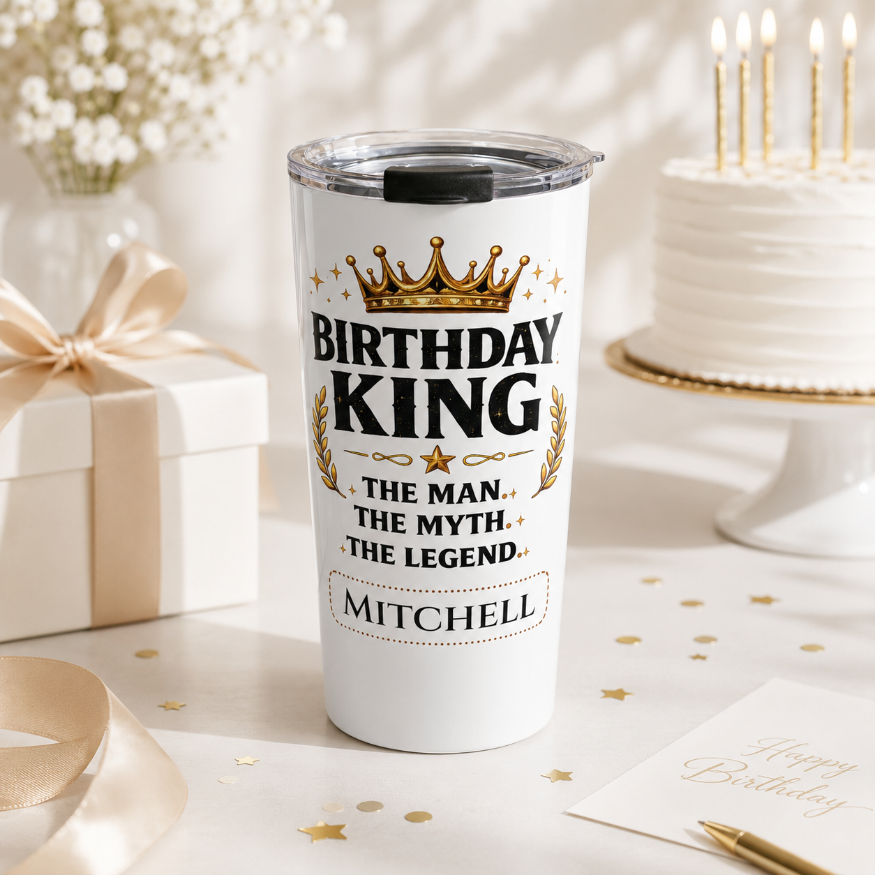 Close-up of custom name personalization on Birthday King tumbler