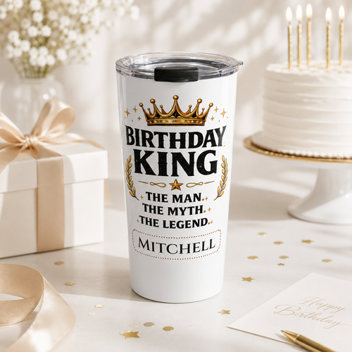 Close-up of custom name personalization on Birthday King tumbler