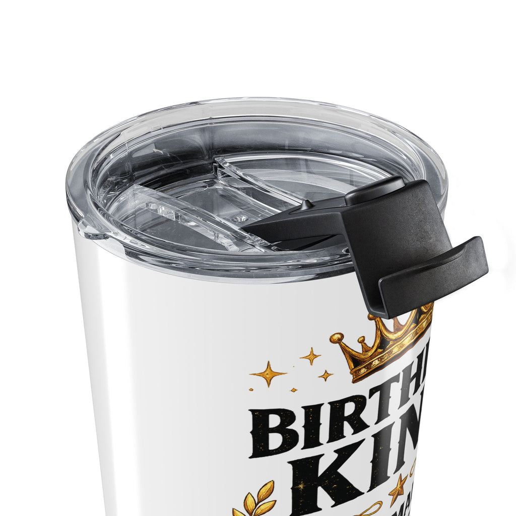 Birthday King tumbler held in hand showing size and grip
