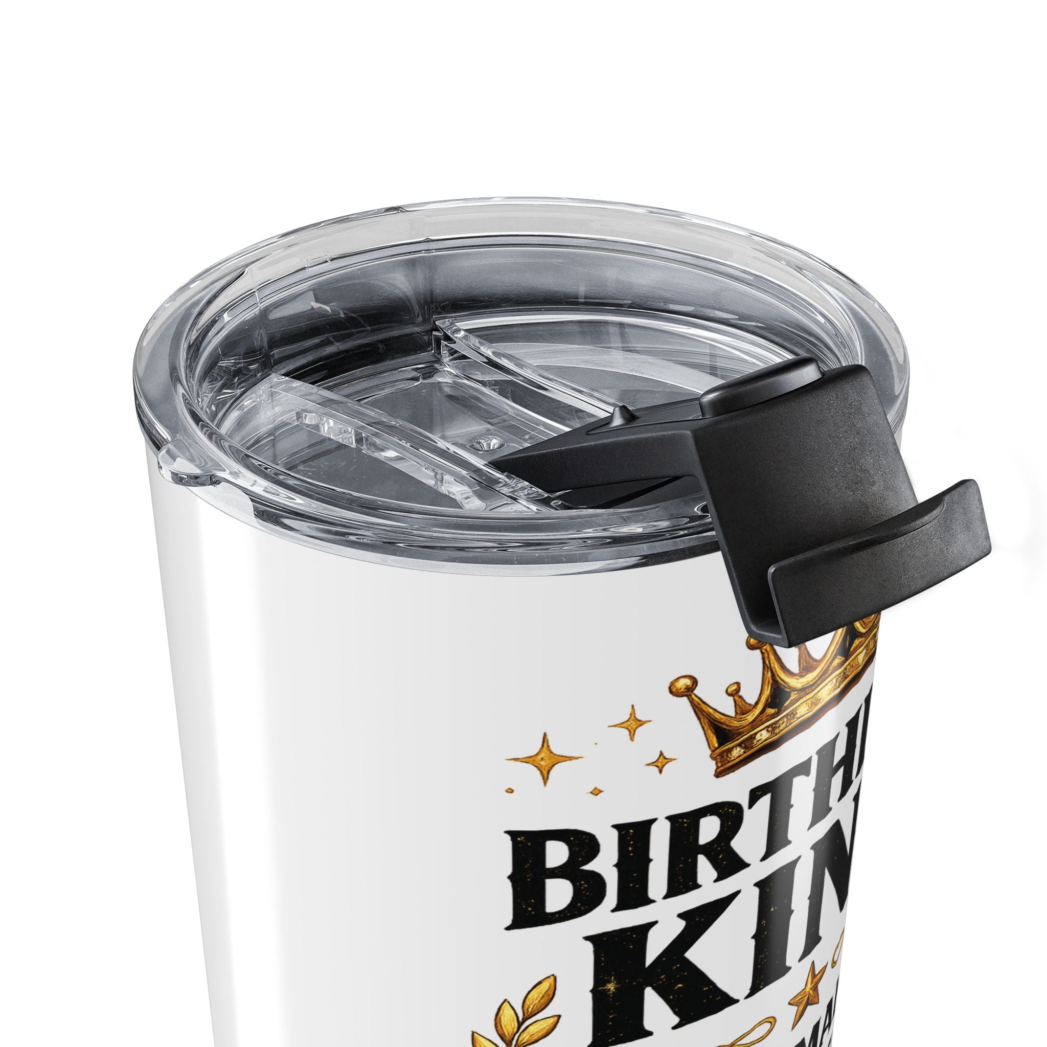Birthday King tumbler held in hand showing size and grip