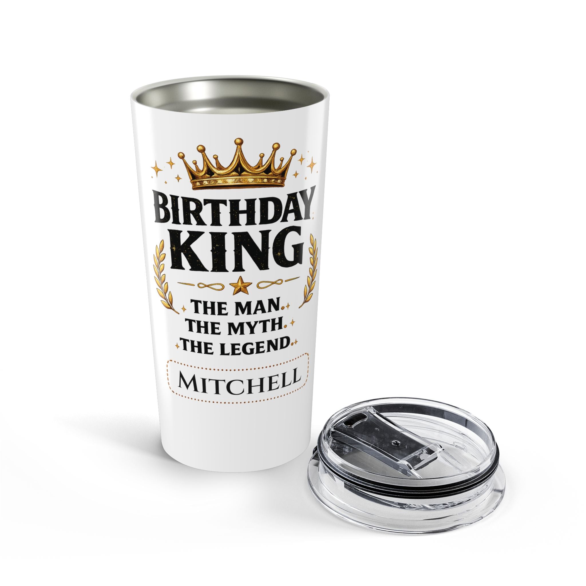 Birthday King tumbler styled on a table with birthday decor