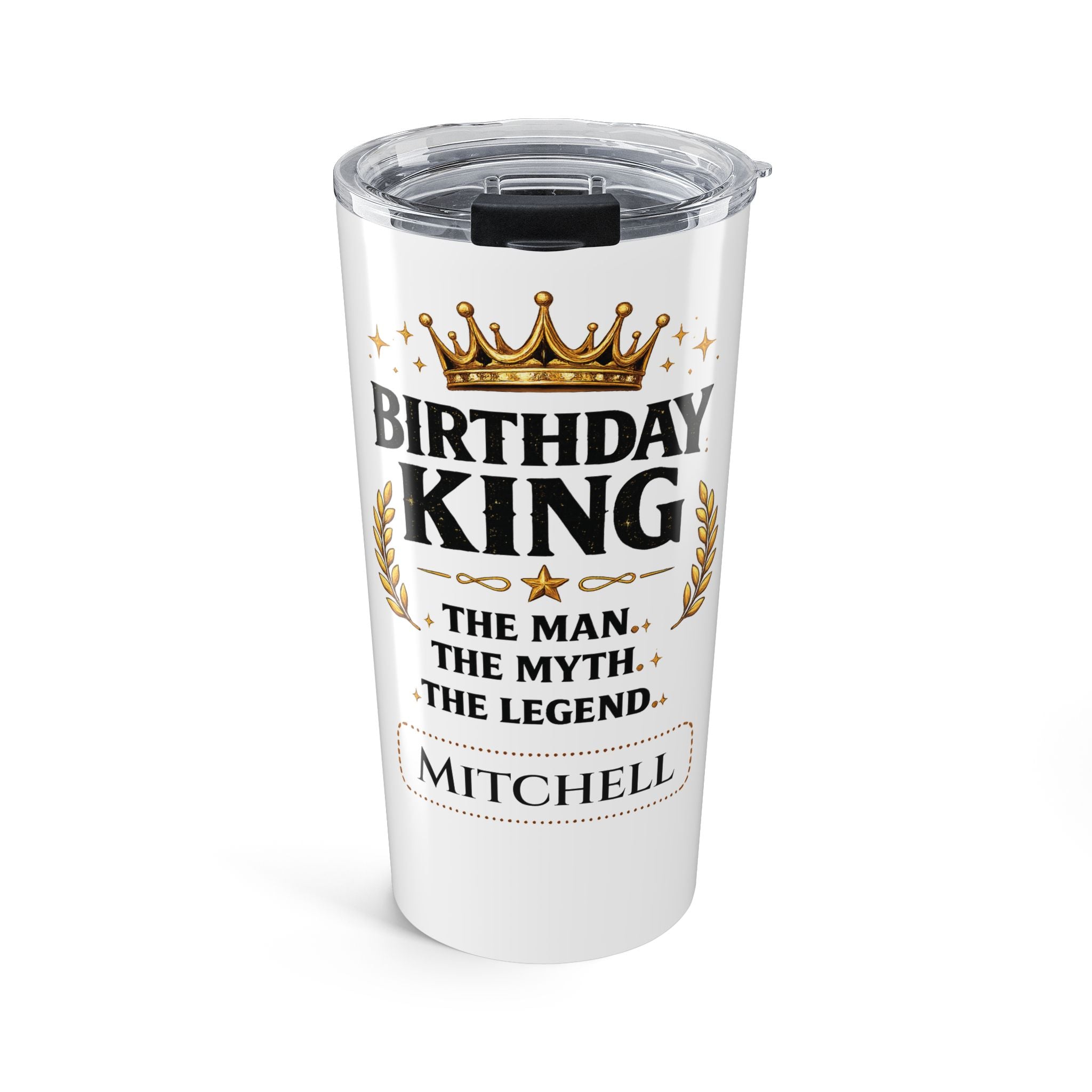 Personalized Birthday King tumbler with custom name and gold crown